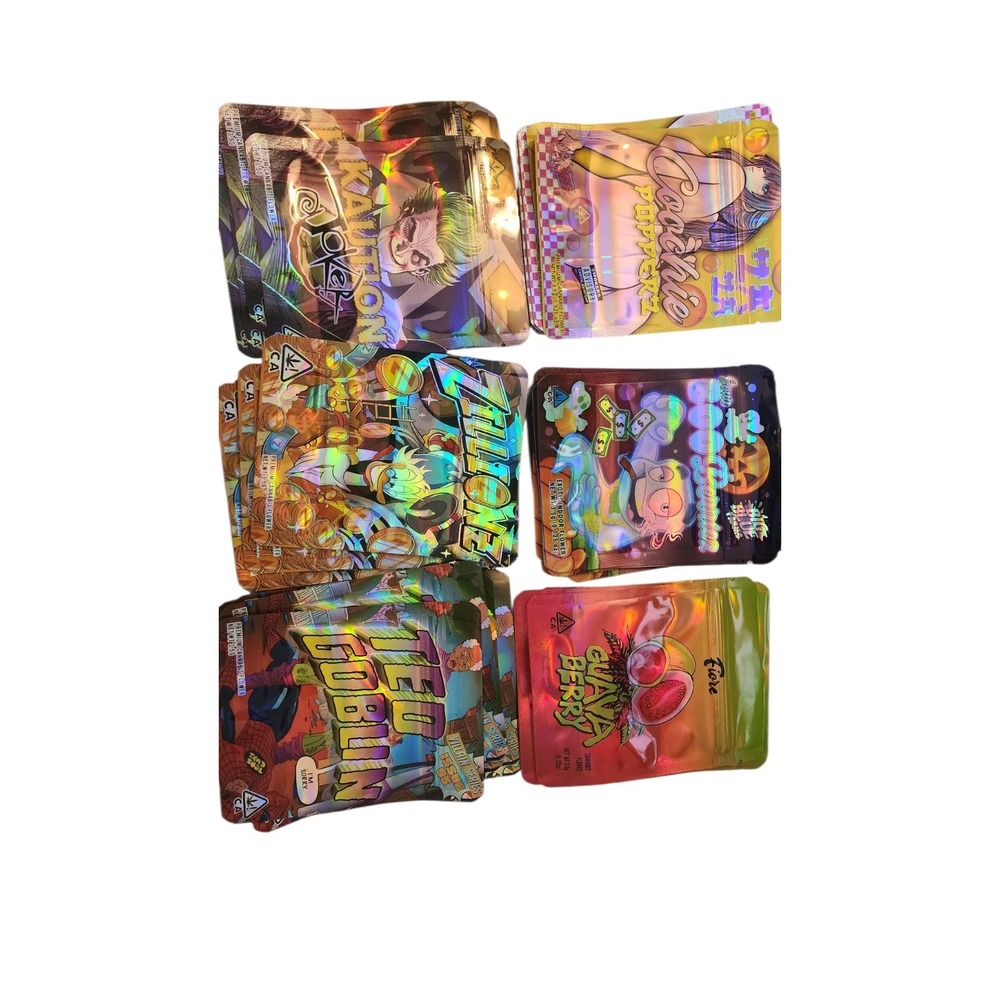 Assorted Holographic Mylar Storage Bags Resealable Zip Lock 3.5g Size 6 Designs